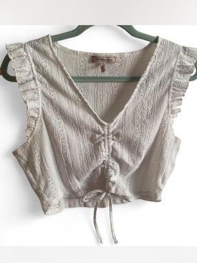 BCBGeneration White Eyelet Ruched Tie-Front Cropped Top